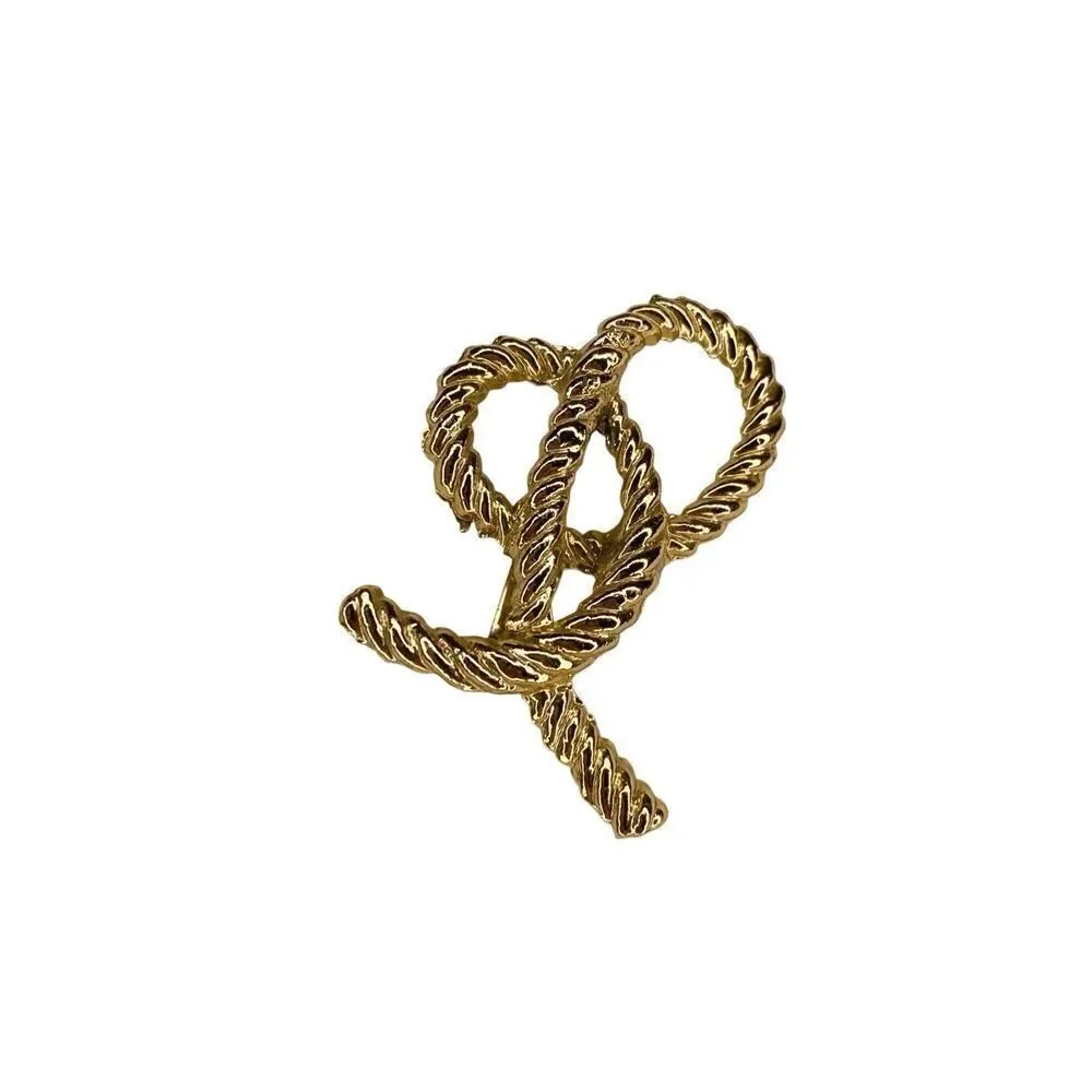 Vintage Gold Tone Twisted Rope Bow Brooch Pin Textured Statement Jewelry Glam